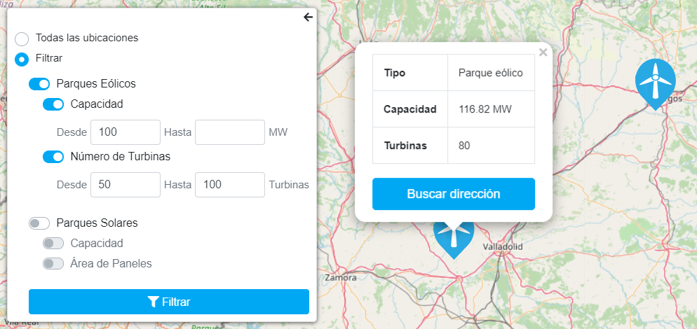 Filtrar Parques Eólicos Por Capacidad y Número de Turbinas